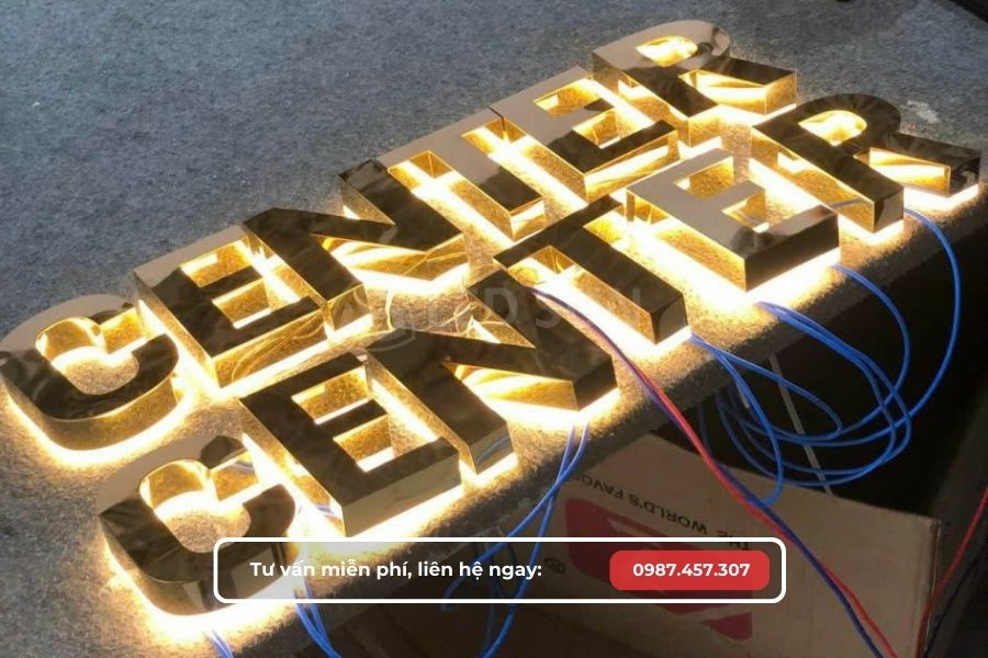 Chữ nổi inox vàng gương chân mica cháo sáng đèn